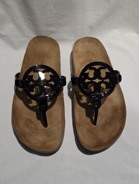 Tory Burch Miller Cloud Thong Sandals Black Patent Leather.